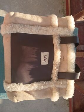 UGG Beige and Dark Brown Shearling Trim Tote